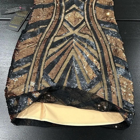 Bebe Black Gold Copper Geometric Sequin Mesh Bodycon Dress Size XS